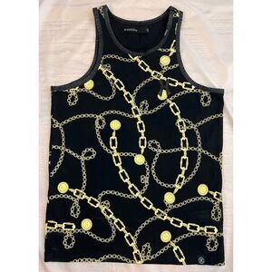 Hudson Women’s Black Yellow Racer Back Tank Top Chain Pendant Design Size Small